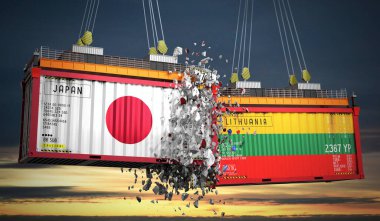 Japon ve Litvanya bayraklı kargo konteynerleri - 3 boyutlu illüstrasyon