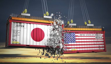 Japonya ve ABD bayraklı kargo konteynerleri - 3 boyutlu illüstrasyon
