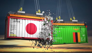 Japon ve Zambiya bayraklı kargo konteynerleri - 3 boyutlu illüstrasyon