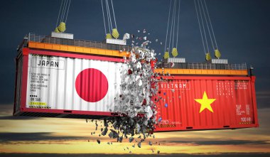 Japon ve Vietnam bayraklı kargo konteynerleri - 3 boyutlu illüstrasyon