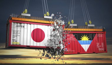 Japon, Antigua ve Barbuda bayraklı kargo konteynerleri - 3 boyutlu illüstrasyon