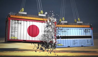 Japon ve Botswana bayraklı kargo konteynerleri - 3 boyutlu illüstrasyon