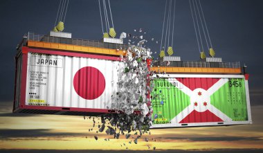 Japon ve Burundi bayraklı kargo konteynerleri - 3 boyutlu illüstrasyon