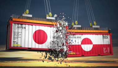 Japon ve Grönland bayraklı kargo konteynerleri - 3 boyutlu illüstrasyon