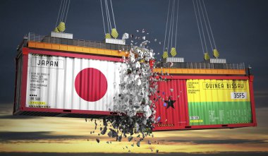 Japon ve Gine Bissau bayraklı kargo konteynerleri - 3 boyutlu illüstrasyon