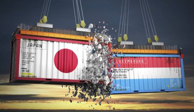 Japon ve Lüksemburg bayraklı kargo konteynerleri - 3 boyutlu illüstrasyon