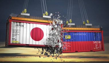 Japon ve Lihtenştayn bayraklı kargo konteynerleri - 3D illüstrasyon