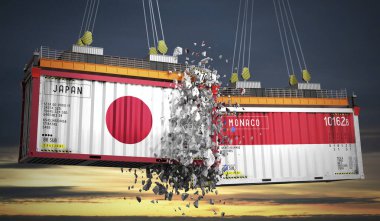 Japon ve Monako bayraklı kargo konteynerleri - 3 boyutlu illüstrasyon