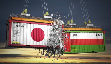 Japon ve Umman bayraklı kargo konteynerleri - 3 boyutlu illüstrasyon