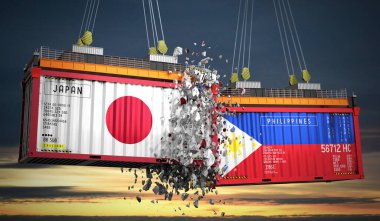 Japonya ve Filipinler 'in bayraklı kargo konteynerleri - 3D illüstrasyon