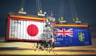 Japonya ve Pitcairn Adaları bayraklı kargo konteynerleri - 3D illüstrasyon