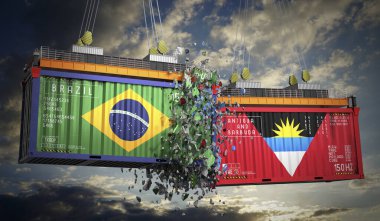 Brezilya, Antigua ve Barbuda bayraklı kargo konteynerleri - 3 boyutlu illüstrasyon