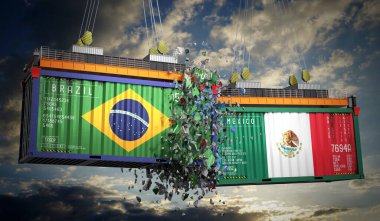 Brezilya ve Meksika bayraklı kargo konteynerleri - 3 boyutlu illüstrasyon