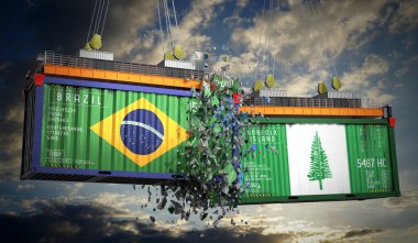 Brezilya ve Norfolk Adası bayraklı kargo konteynerleri - 3 boyutlu illüstrasyon