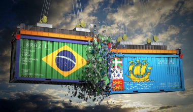 Brezilya, Saint Pierre ve Miquelon bayraklı kargo konteynerleri - 3 boyutlu illüstrasyon