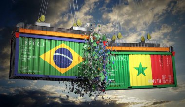 Brezilya ve Senegal bayraklı kargo konteynerleri - 3 boyutlu illüstrasyon