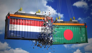 Hollanda ve Bangladeş bayraklı kargo konteynerleri - 3 boyutlu illüstrasyon