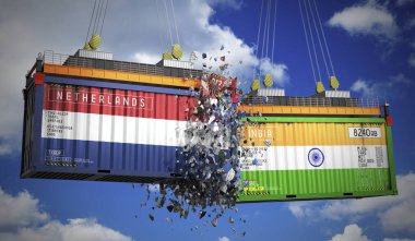 Hollanda ve Hindistan bayraklı kargo konteynerleri - 3 boyutlu illüstrasyon