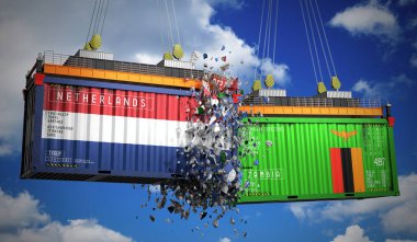 Hollanda ve Zambiya bayraklı kargo konteynerleri - 3 boyutlu illüstrasyon