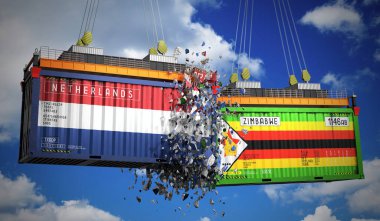 Hollanda ve Zimbabwe bayraklı kargo konteynerleri - 3 boyutlu illüstrasyon