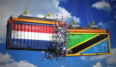 Hollanda ve Tanzanya bayraklı kargo konteynerleri - 3 boyutlu illüstrasyon