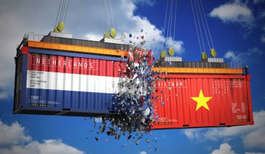 Hollanda ve Vietnam bayraklı kargo konteynerleri - 3 boyutlu illüstrasyon