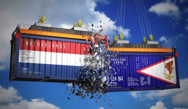 Hollanda ve Amerikan Samoası bayraklı kargo konteynerleri - 3 boyutlu illüstrasyon