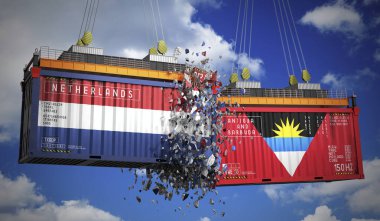Hollanda, Antigua ve Barbuda bayraklı kargo konteynerleri - 3 boyutlu illüstrasyon