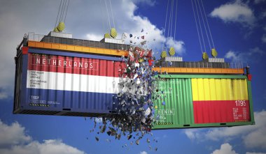 Hollanda ve Benin bayraklı kargo konteynerleri - 3 boyutlu illüstrasyon