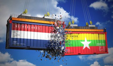 Hollanda ve Myanmar bayraklı kargo konteynerleri - 3 boyutlu illüstrasyon