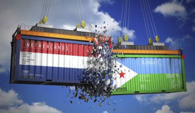 Hollanda ve Cibuti bayraklı kargo konteynerleri - 3D illüstrasyon