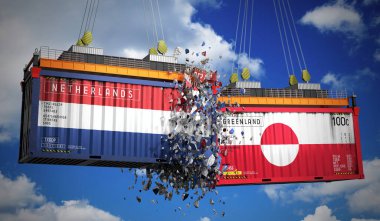 Hollanda ve Grönland bayraklı kargo konteynerleri - 3 boyutlu illüstrasyon
