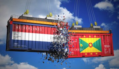 Hollanda ve Grenada bayraklı kargo konteynerleri - 3 boyutlu illüstrasyon