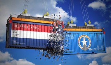 Hollanda ve Kuzey Mariana Adaları bayraklı kargo konteynerleri - 3D illüstrasyon