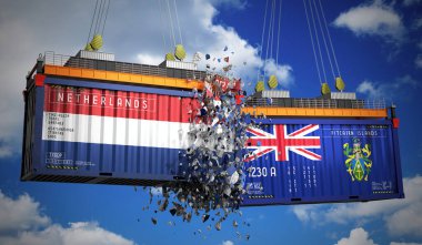 Hollanda ve Pitcairn Adaları bayraklı kargo konteynerleri - 3D illüstrasyon