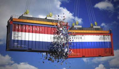 Hollanda ve Rusya 'nın bayraklı kargo konteynerleri - 3D illüstrasyon