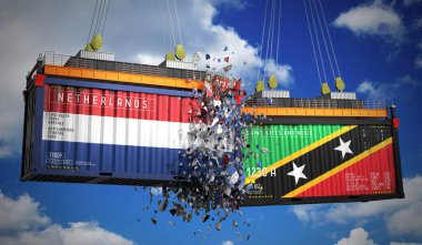 Hollanda, Saint Kitts ve Nevis 'in bayraklı kargo konteynerleri - 3 boyutlu illüstrasyon