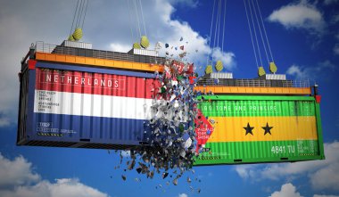 Hollanda ve Sao Tome ve Principe bayraklı kargo konteynerleri - 3 boyutlu illüstrasyon