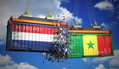 Hollanda ve Senegal bayraklı kargo konteynerleri - 3 boyutlu illüstrasyon