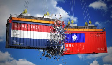 Hollanda ve Tayvan bayraklı kargo konteynerleri - 3 boyutlu illüstrasyon