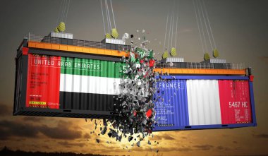 Birleşik Arap Emirlikleri ve Fransa 'nın bayraklı kargo konteynerleri - 3 boyutlu illüstrasyon
