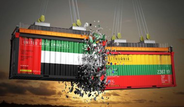 Birleşik Arap Emirlikleri ve Litvanya bayraklı kargo konteynerleri - 3 boyutlu illüstrasyon