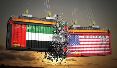 Birleşik Arap Emirlikleri ve ABD bayraklı kargo konteynerleri - 3 boyutlu illüstrasyon