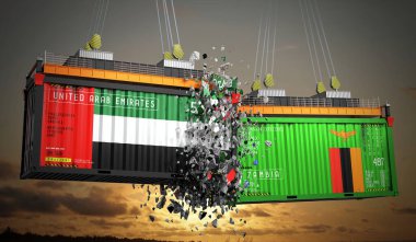 Birleşik Arap Emirlikleri ve Zambiya bayraklı kargo konteynerleri - 3 boyutlu illüstrasyon