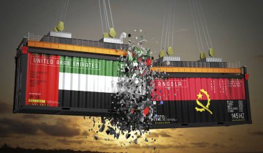 Birleşik Arap Emirlikleri ve Angola bayraklı kargo konteynerleri - 3 boyutlu illüstrasyon