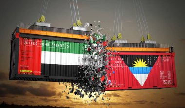Birleşik Arap Emirlikleri, Antigua ve Barbuda bayraklı kargo konteynerleri - 3 boyutlu illüstrasyon