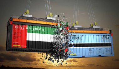 Birleşik Arap Emirlikleri ve Botsvana bayraklı kargo konteynerleri - 3 boyutlu illüstrasyon