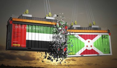 Birleşik Arap Emirlikleri ve Burundi bayraklı kargo konteynerleri - 3 boyutlu illüstrasyon