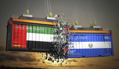 Üzerinde Birleşik Arap Emirlikleri ve El Salvador bayrakları olan kargo konteynerleri - 3 boyutlu illüstrasyon