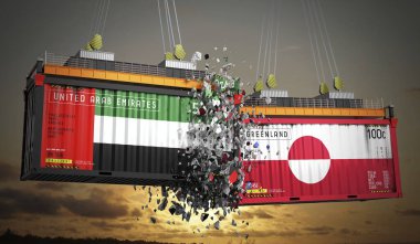 Birleşik Arap Emirlikleri ve Grönland bayraklı kargo konteynerleri - 3 boyutlu illüstrasyon